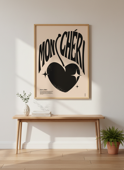 Mon Chéri Love Heart Wall Art | Funky Retro Home Decor | Modern Typography Poster