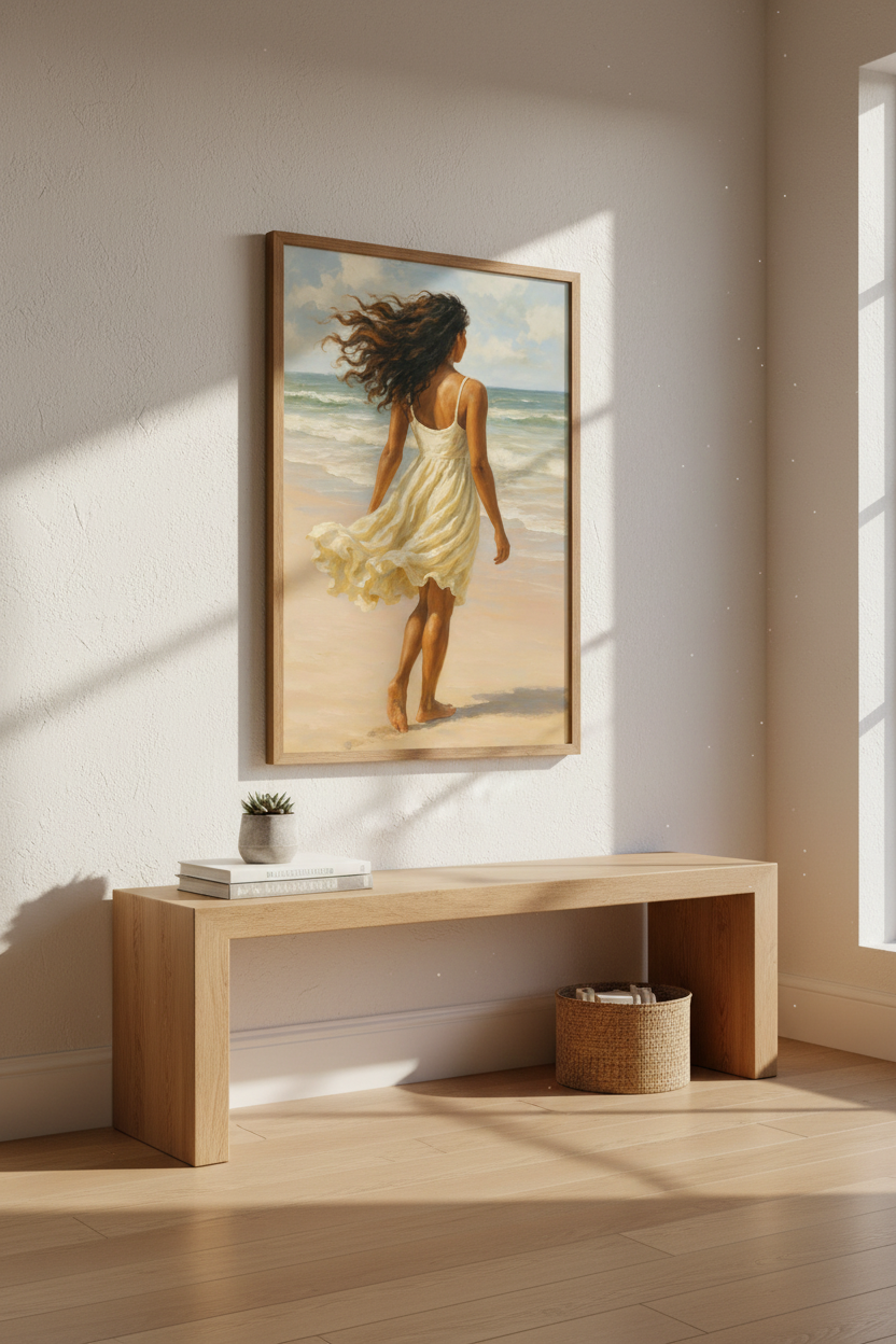 Breezy Beach Oil Painting Wall Art Print | Coastal Living Room Decor | Bohemian Aesthetic Poster