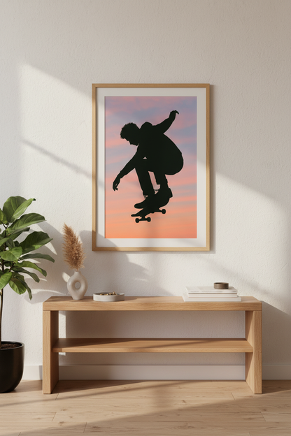 Minimalist Skater Wall Art Print | Teen Room Decor | Aesthetic Skateboard Poster | Framed Modern Sport Art