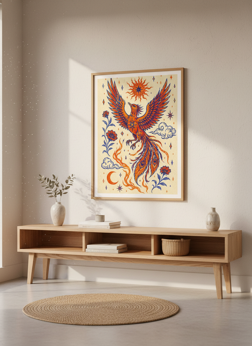 Phoenix Rise Wall Art Print | Celestial Decor | Blue Orange Spiritual Poster