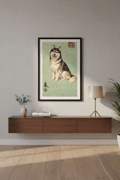 Happy Siberian Husky Wall Art Print - Japanese Ukiyo-e Style Dog Poster, Animal Art Print, Home Decor Wall Hanging