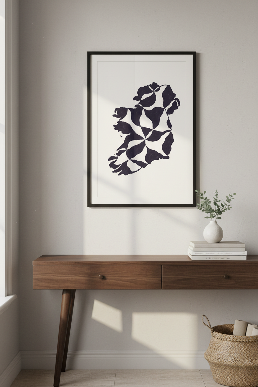 Ireland Map Art Print | Abstract Geometric Wall Art | Black &amp; White Home Decor | Irish Cultural Poster | Modern Wall Hanging