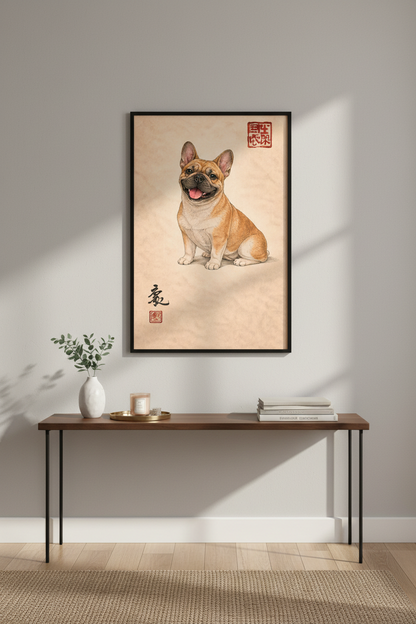 Happy French Bulldog Art Print - Smiling Fawn Frenchie Poster Wall Decor with Japanese Calligraphy - Dog Lover Gift Wall Hanging