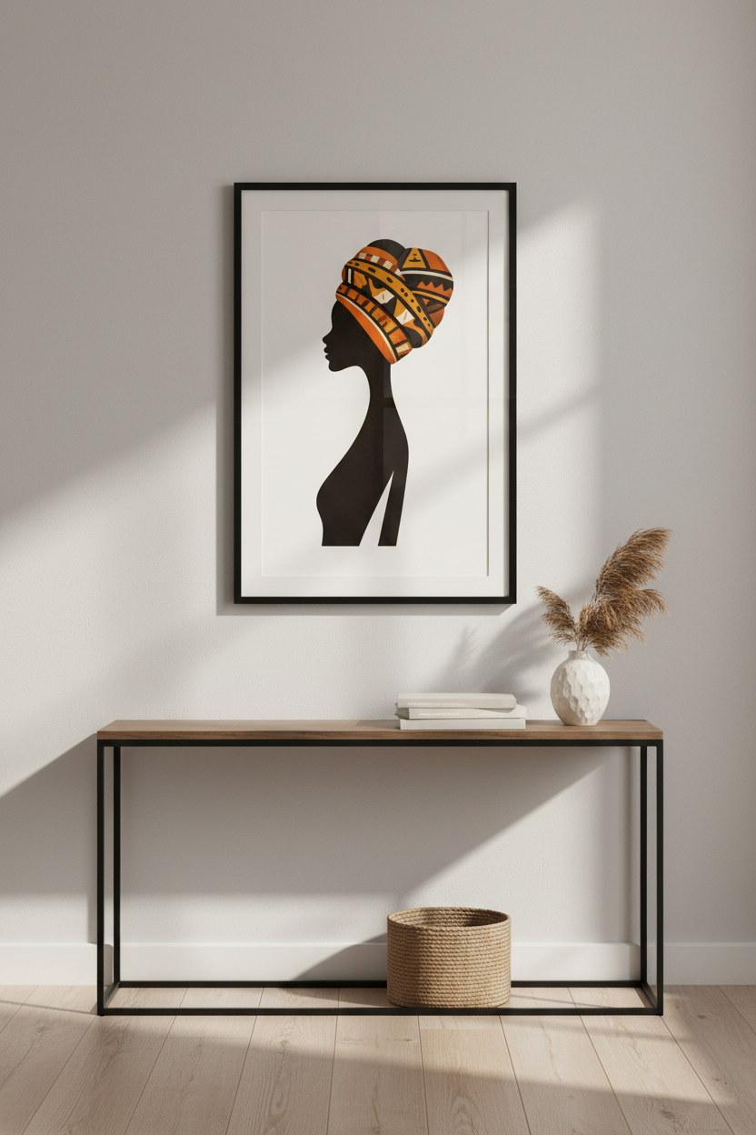African Woman Portrait Wall Art | Ethnic Headwrap Print | Black Silhouette Home Decor | Abstract Boho Wall Hanging