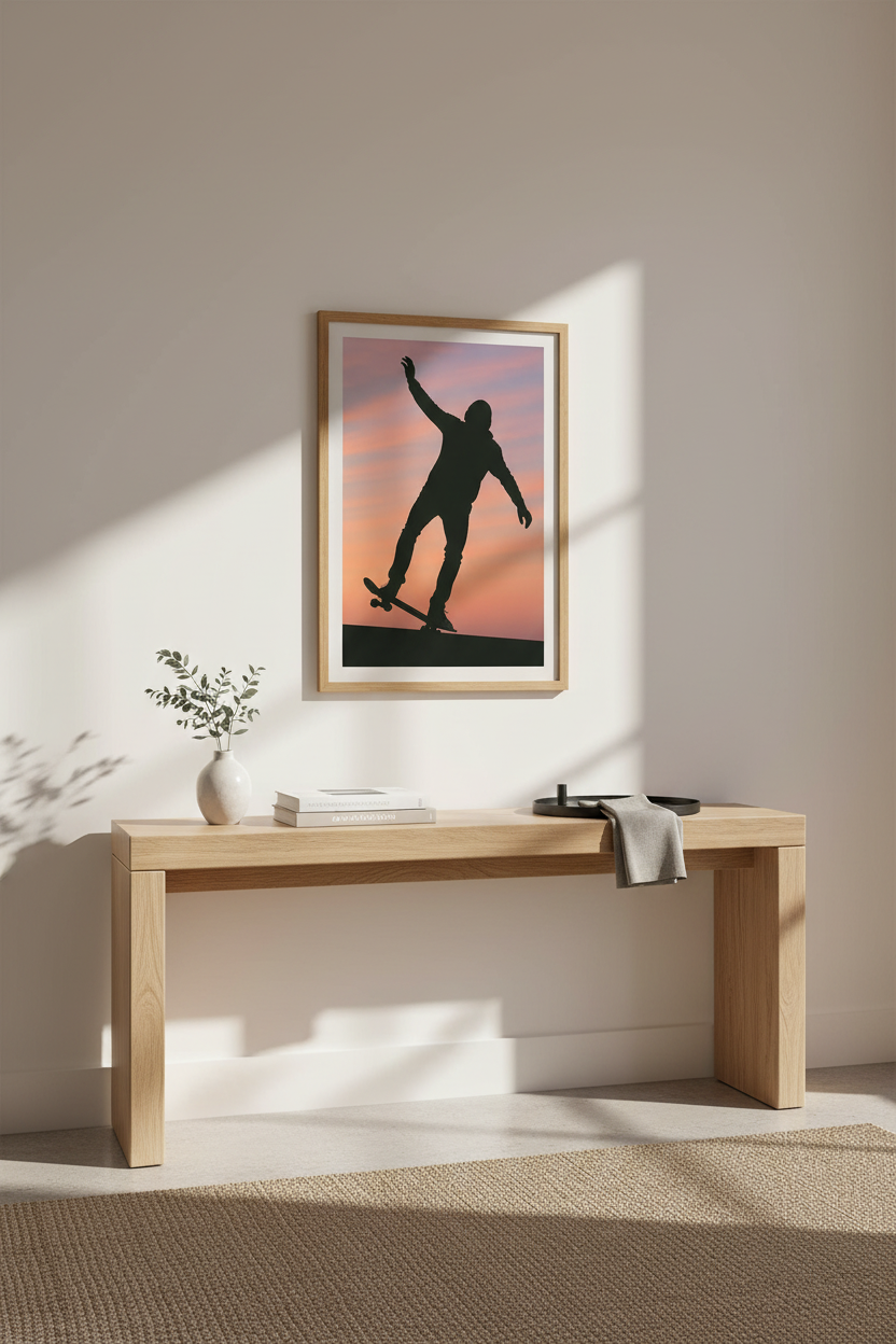 Skater Silhouette Framed Wall Art Print | Teen Bedroom Decor | Sunset Aesthetic Poster | Framed Skateboarding Art Gift