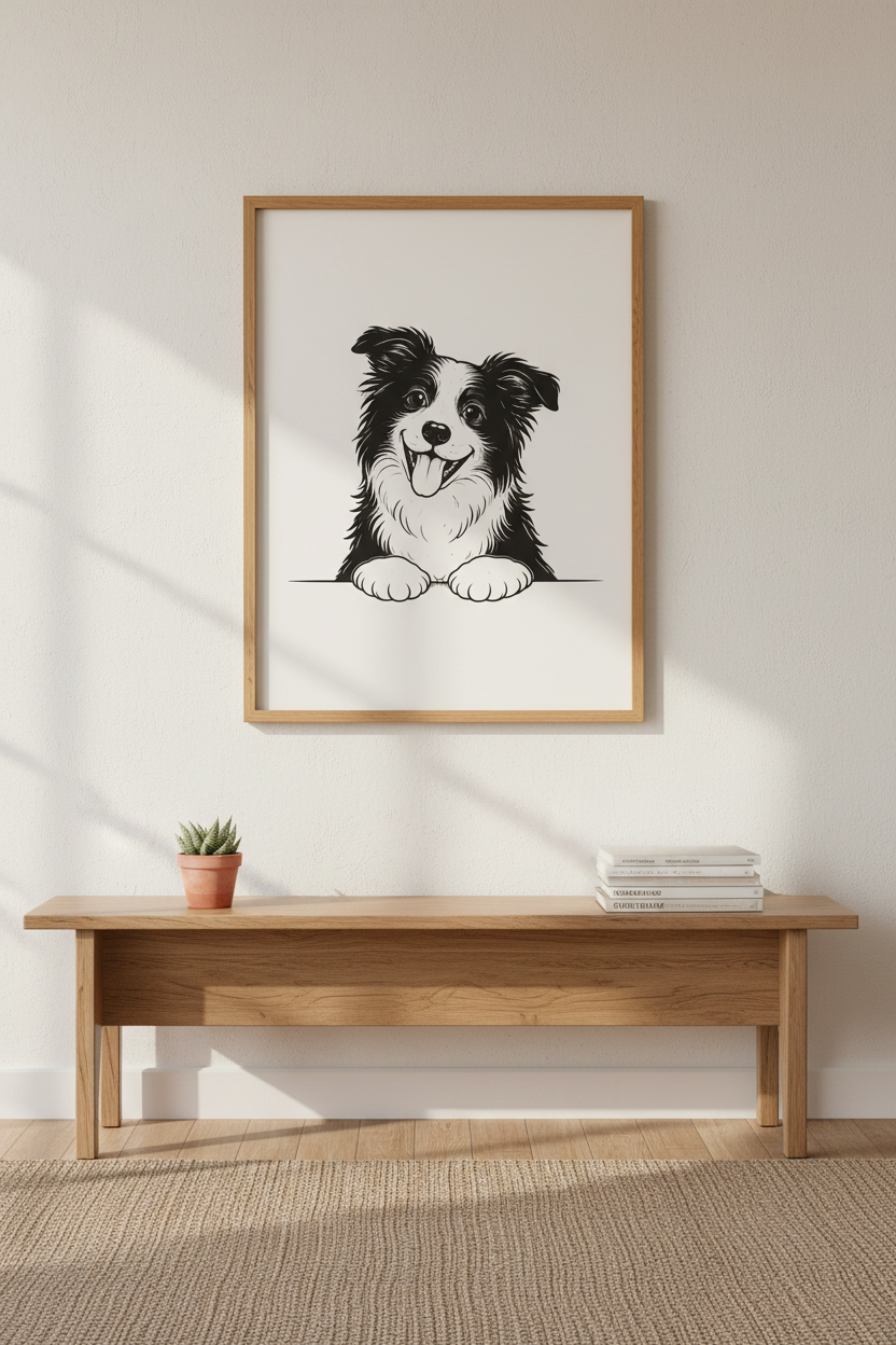 Cartoon Border Collie Wall Art Print | Dog Lover Decor | Cute Pet Poster | Nursery Playroom Art | Black White Animal Gift