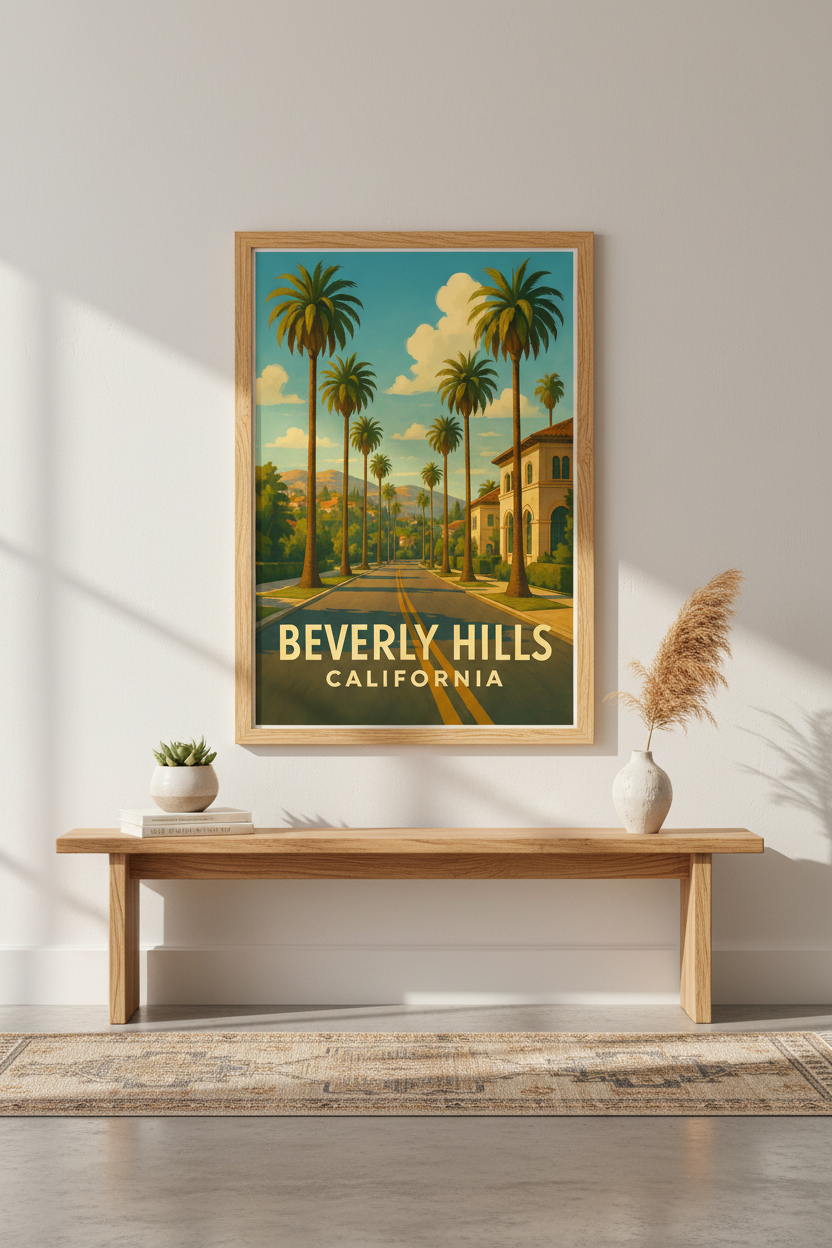 Beverly Hills Travel Poster | California Palm Tree Wall Art Print | Mid-Century Modern Room Decor | Retro Landscape Aesthetic