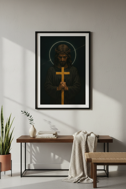 Jesus Christ with Golden Cross Wall Art Print | Christian Home Decor Poster | Religious Art Print | Faith Wall Hanging