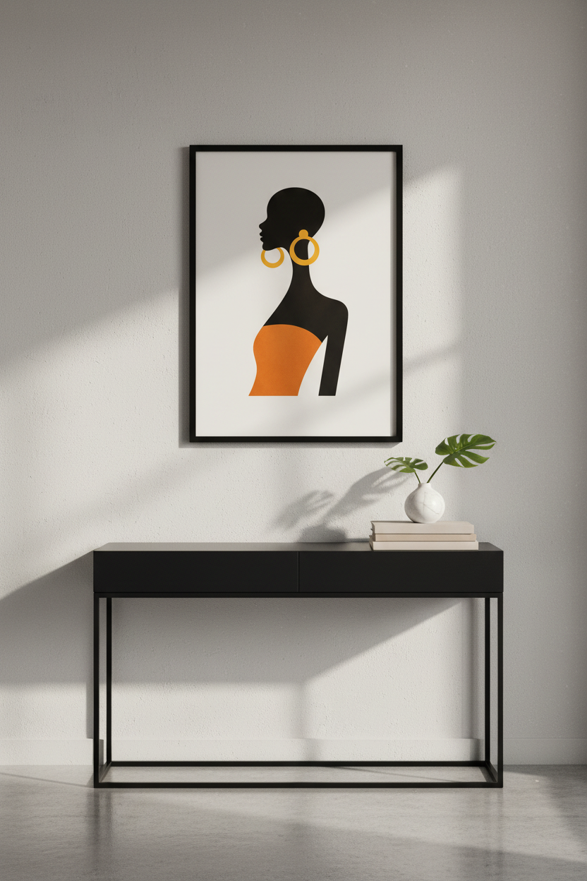 Minimalist Afrocentric Woman Wall Art Print | Bold Black &amp; Orange Silhouette Decor | Modern African Queen Poster | Home Decor
