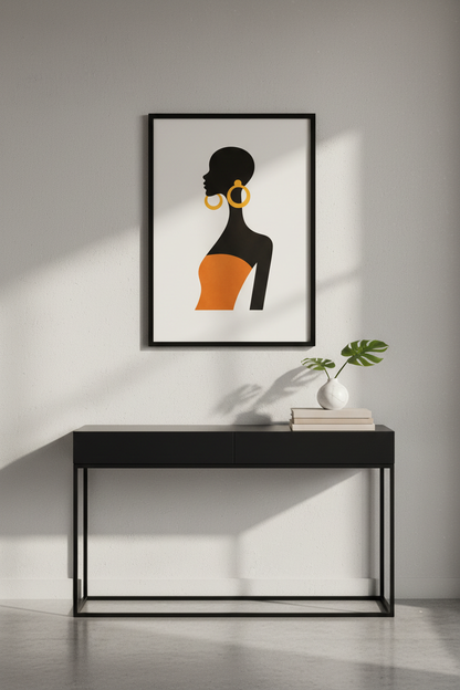 Minimalist Afrocentric Woman Wall Art Print | Bold Black &amp; Orange Silhouette Decor | Modern African Queen Poster | Home Decor
