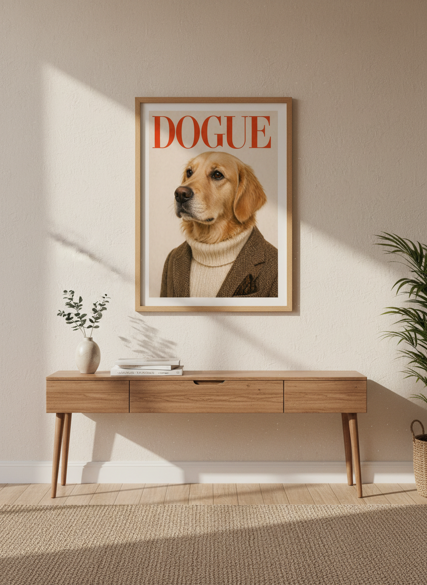 Funny Dog Portrait Framed Art Print | Elegant Golden Retriever Wall Decor | Dogue Magazine Aesthetic Poster