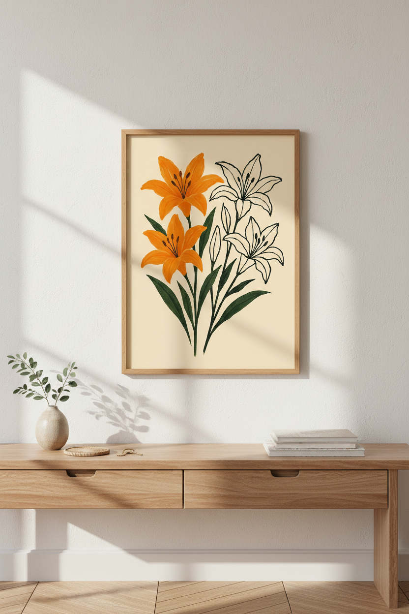 Abstract Floral Framed Wall Art | Orange Lily Accent Decor | Modern Botanical Poster Print | Ready to Hang Art
