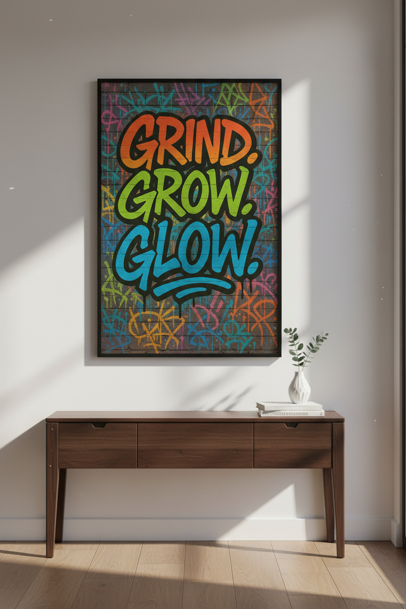 Grind Grow Glow Graffiti Wall Art Print | Motivational Street Art Poster | Urban Home Decor | Colorful Inspirational Wall Hanging