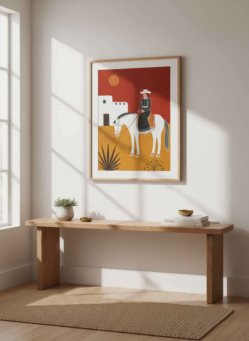 Folk Art Cowgirl Wall Art Print | Southwestern Bedroom Decor | Rustic Farmhouse Poster | Framed Western Horse Art