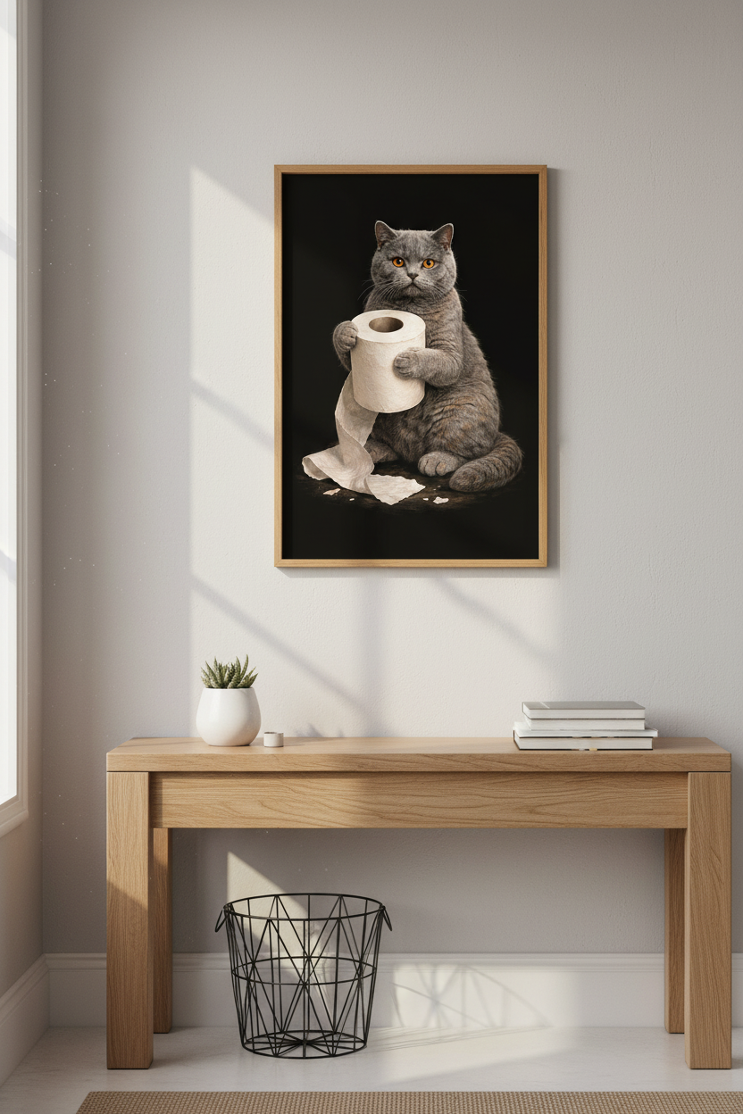 Humorous Cat Toilet Paper Wall Art Print | Bathroom Decor | Funny Pet Poster | British Shorthair Lover Gift