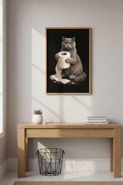 Humorous Cat Toilet Paper Wall Art Print | Bathroom Decor | Funny Pet Poster | British Shorthair Lover Gift