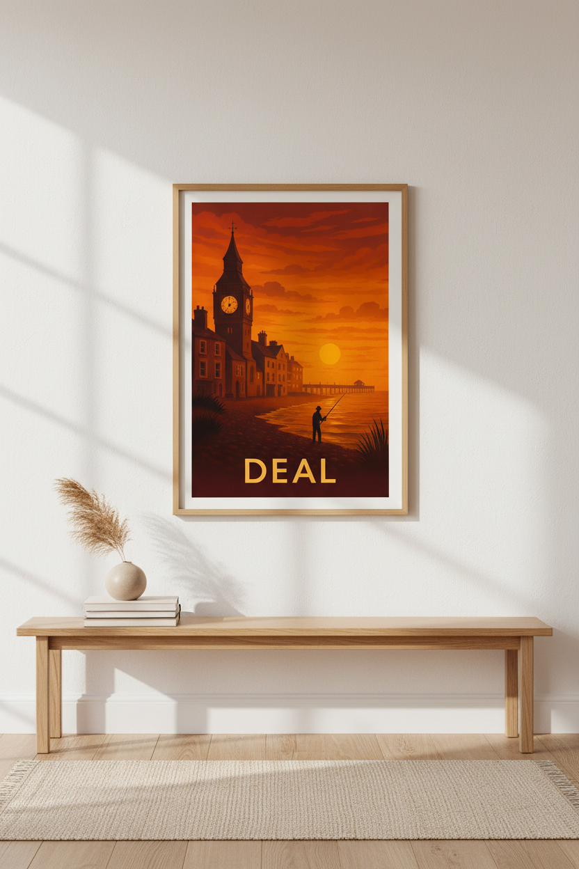 Retro Travel Poster | Deal Coastal Sunset Wall Art Print | Mid-Century Modern Room Decor | Framed Beach Scene Artwork