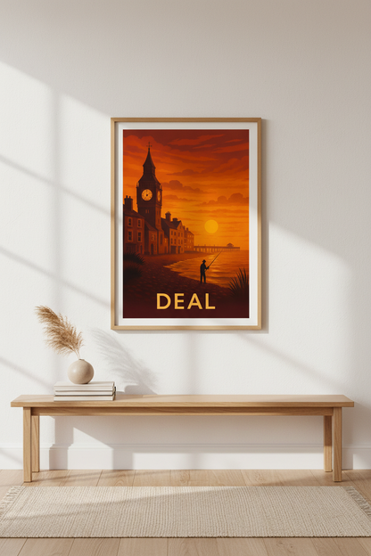 Retro Travel Poster | Deal Coastal Sunset Wall Art Print | Mid-Century Modern Room Decor | Framed Beach Scene Artwork
