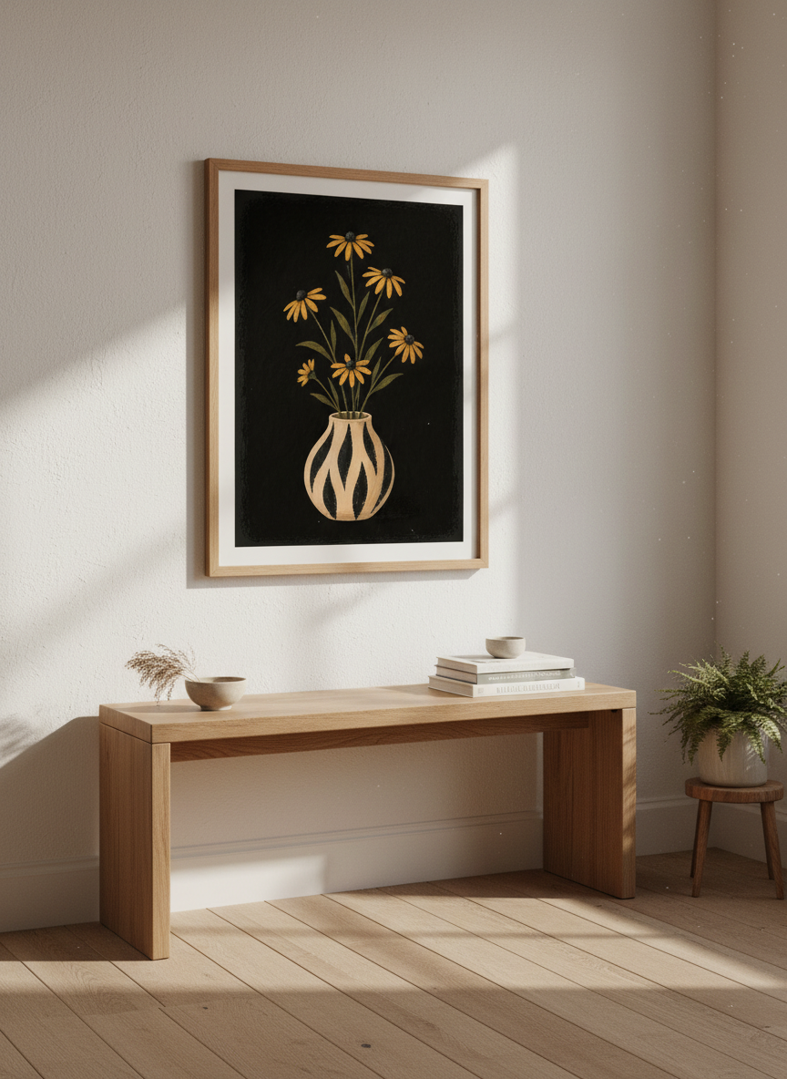 Bohemian Floral Wall Art Print | Mid-Century Modern Living Room Decor | Framed Black Eyed Susan Poster