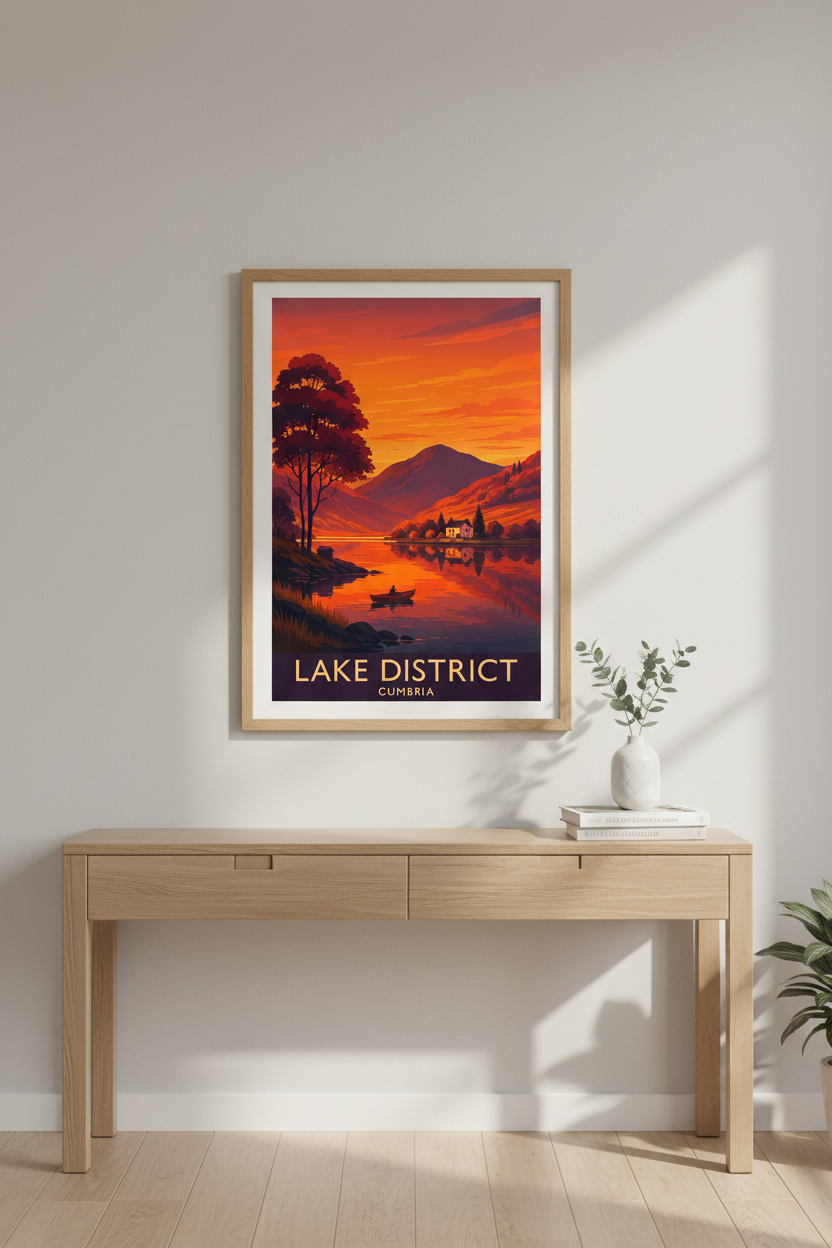 Retro Travel Poster Lake District Framed Wall Art | Sunset Landscape Decor | Orange Red Aesthetic Ready to Hang Print