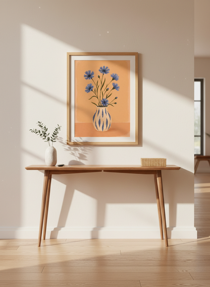 Rustic Floral Art Print | Blue Cornflower Vase Framed Wall Art | Botanical Farmhouse Decor | Mid-Century Modern Poster