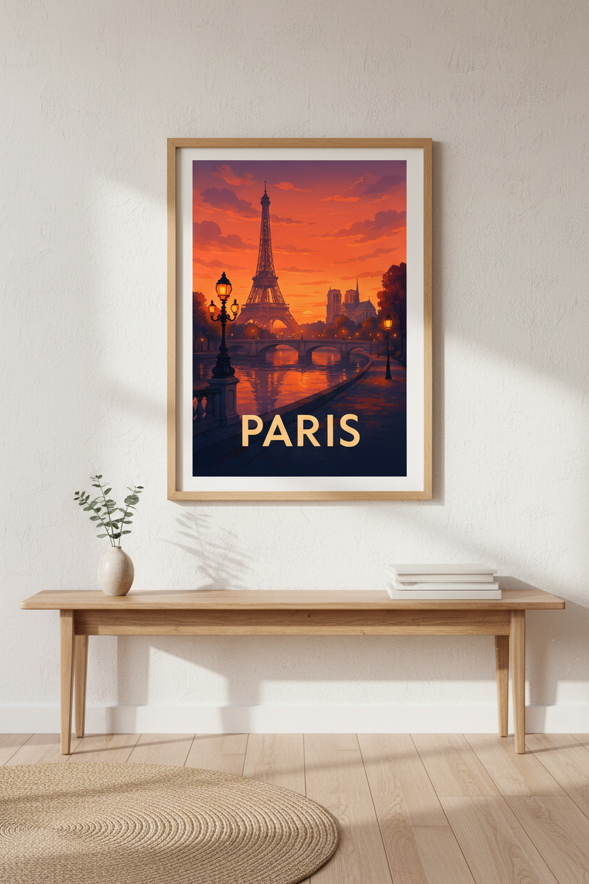 Vibrant Paris Cityscape Framed Wall Art | Eiffel Tower Sunset Decor | Travel Aesthetic Poster | Ready to Hang cityscape