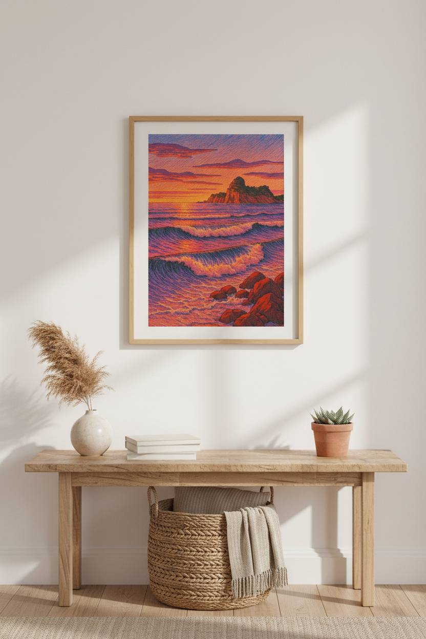 Ocean Wave Sunset Wall Art Print | Vibrant Coastal Decor | Psychedelic Beach Poster | Framed Seascape Ready to Hang