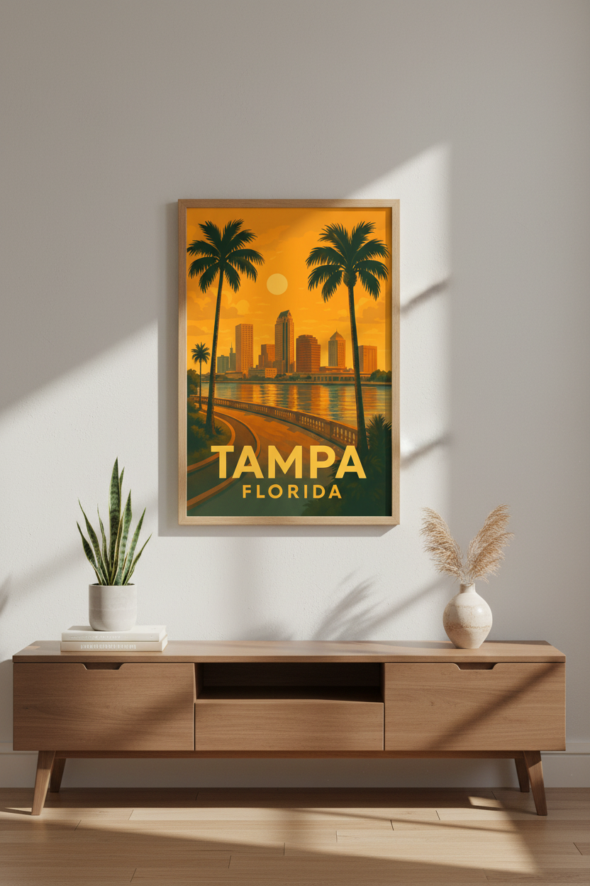 Retro Tampa Florida Travel Poster | Mid-Century Modern Cityscape Wall Art Print | Sunshine Coast Decor | Vintage Aesthetic
