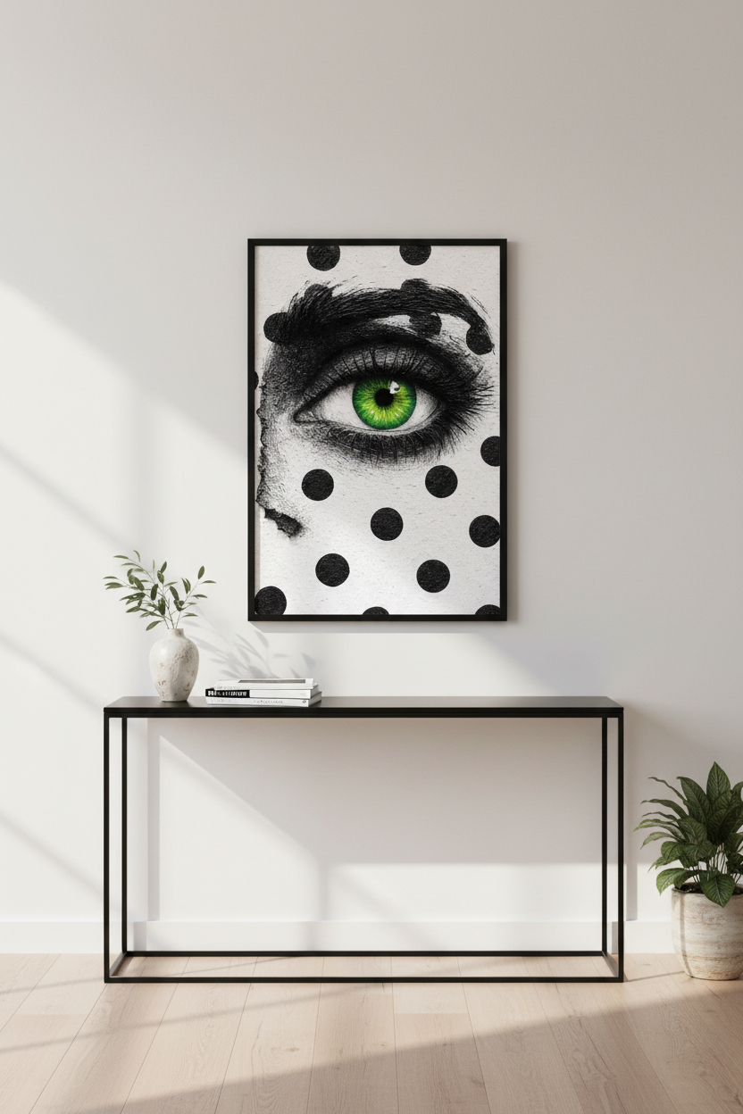 Vibrant Green Eye Polka Dot Wall Art Print | Bold Gaze Home Decor Poster | Abstract Woman&