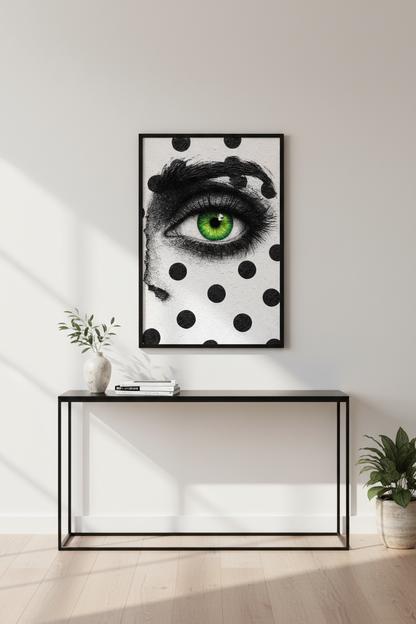 Vibrant Green Eye Polka Dot Wall Art Print | Bold Gaze Home Decor Poster | Abstract Woman&