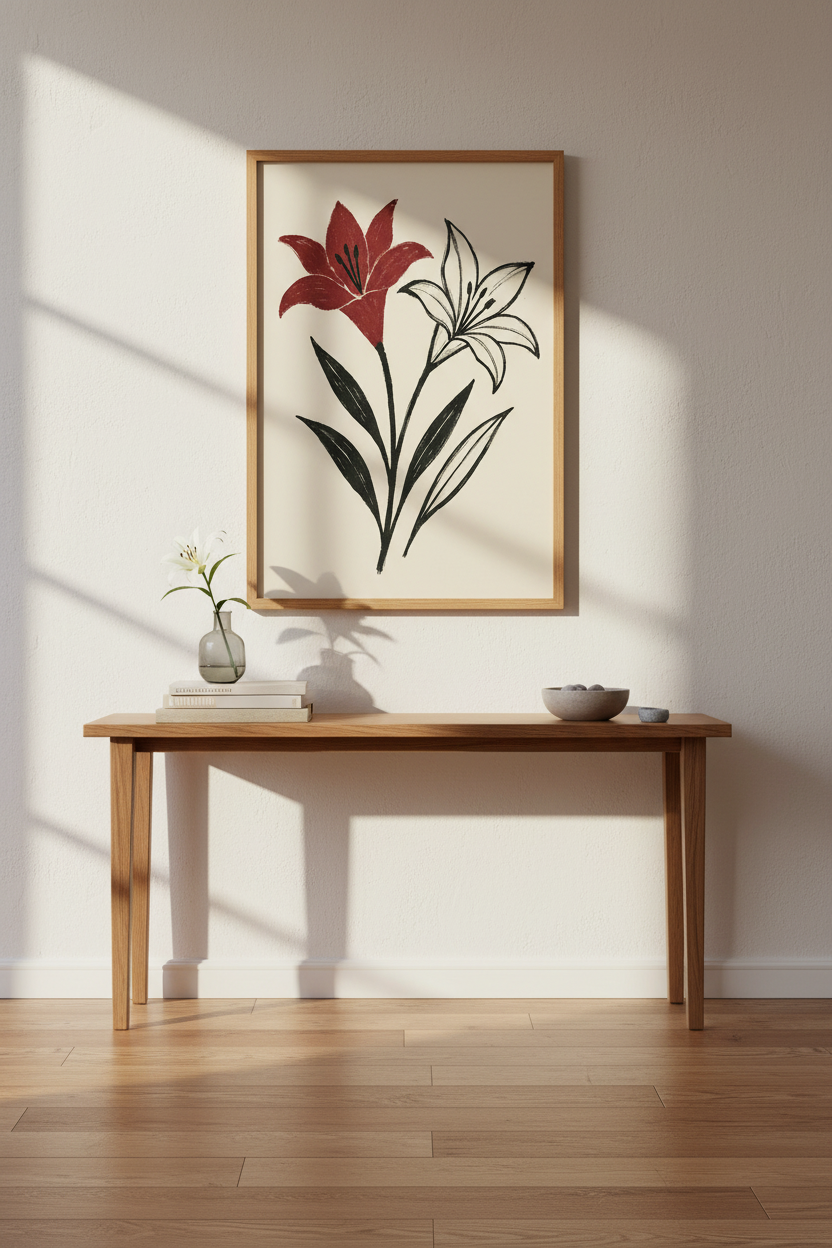Modern Abstract Floral Wall Art Print | Boho Bedroom Decor | Minimalist Botanical Framed Poster | Red Lily Ready to Hang Art