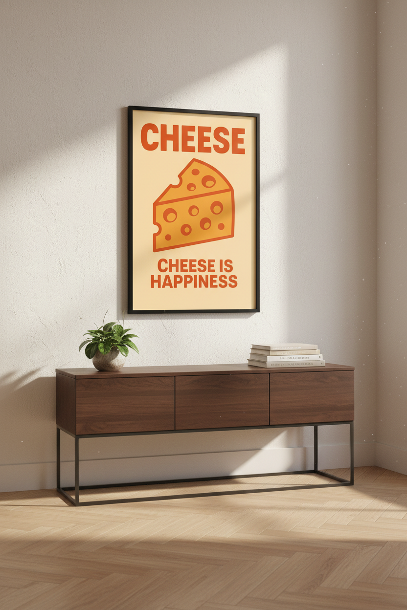 Cheese is Happiness Wall Art Print | Funny Kitchen Decor Poster | Food Pun Home Decor | Modern Dining Room Art
