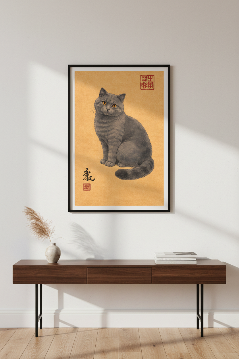 British Shorthair Cat Art Print | Traditional Japanese Style Cat Wall Art | Gray Cat Poster | Unique Pet Home Decor