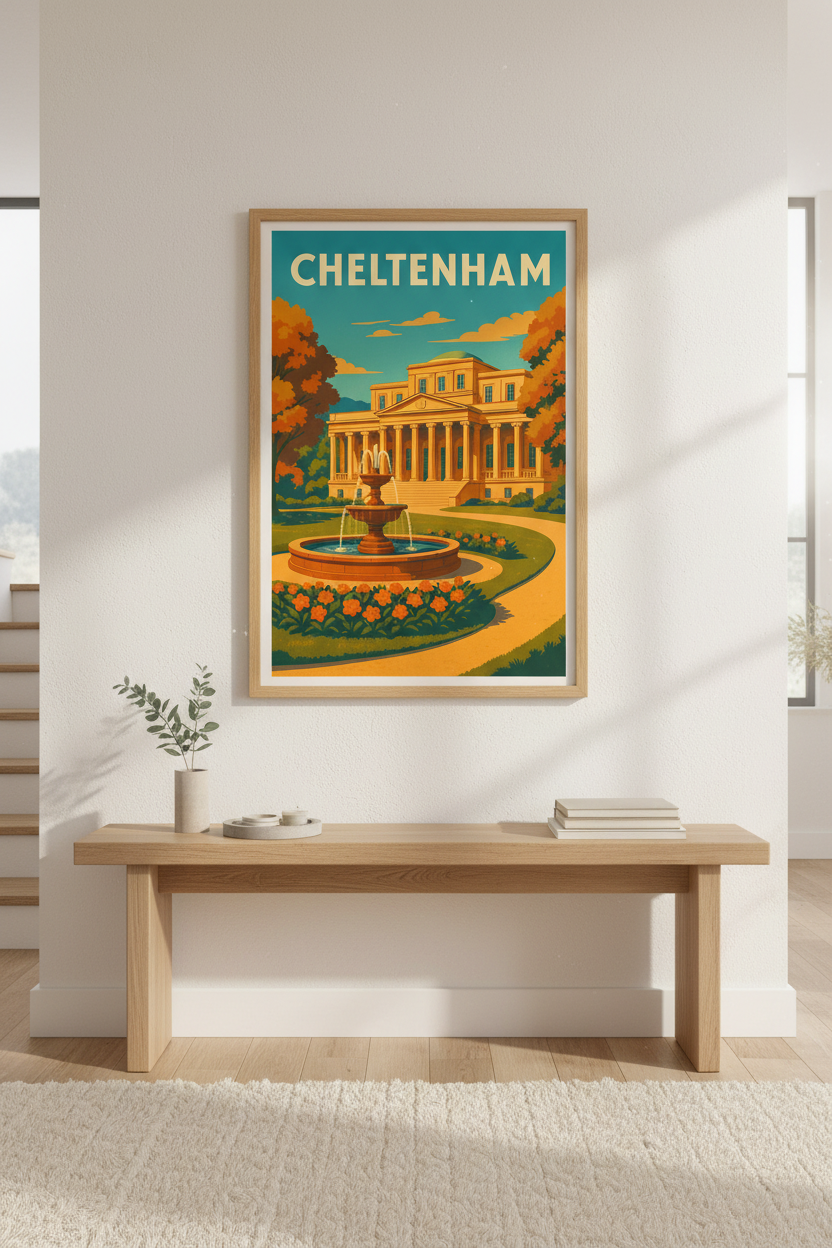 Cheltenham Travel Poster Print | Retro City Wall Art | UK England Architecture Decor | Eclectic Home Decor | Vintage Style Gift