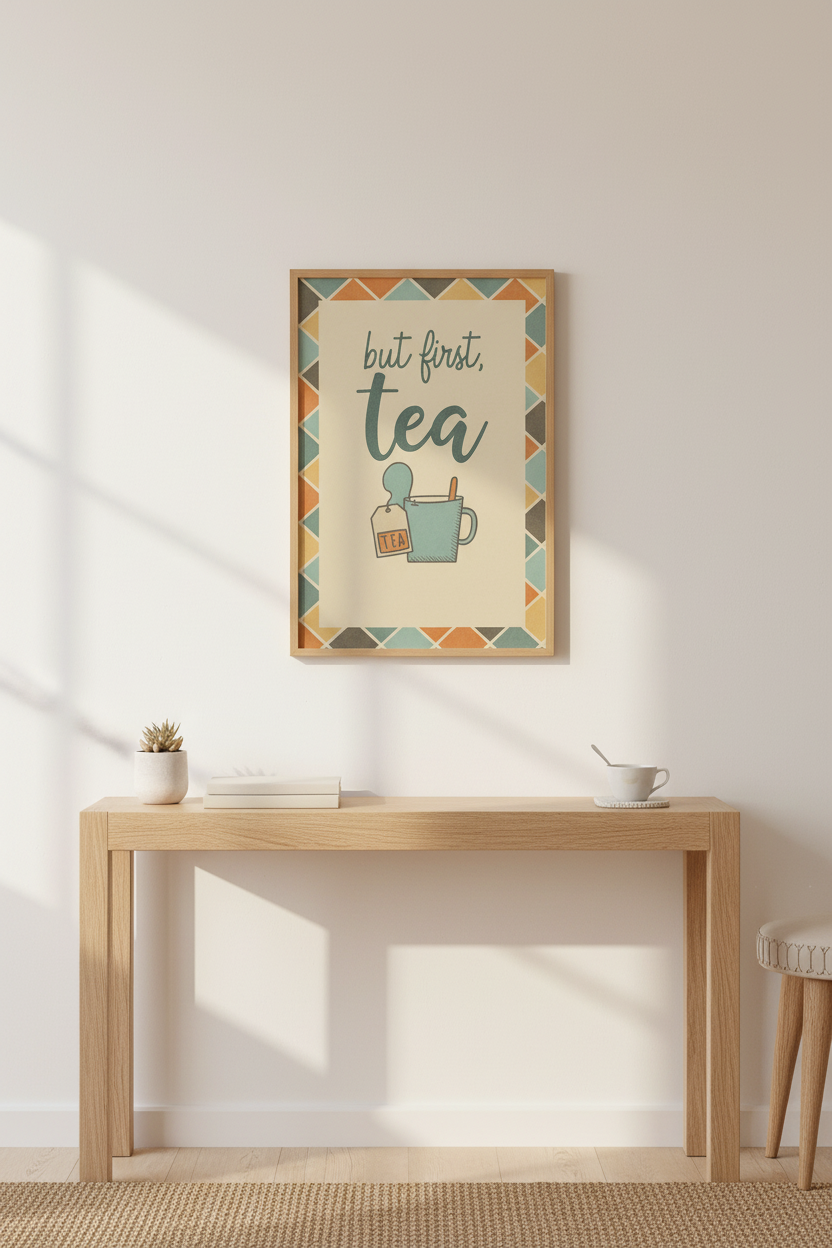 Retro Tea Quote Wall Art Print | Kitchen Decor | Cozy Aesthetic Poster | But First Tea Sign | Mid Century Modern Wall Art