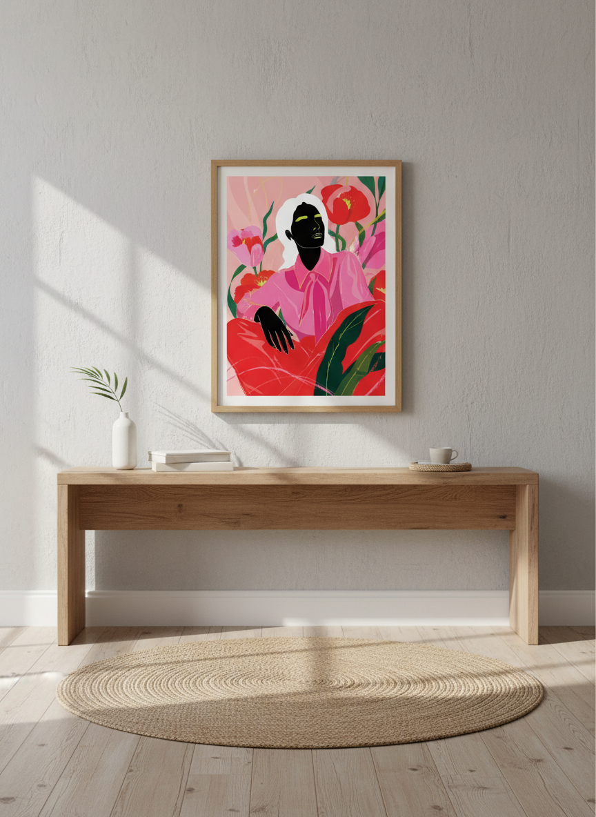 Abstract Woman Portrait | Pink Red Floral Wall Art, Living Room Decor