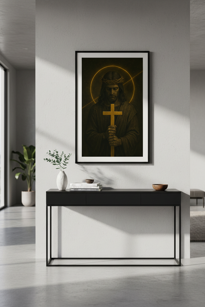 Religious Jesus Wall Art Print | Christian Home Decor | Dark Academia Poster | Spiritual Gift | Faith Artwork | Jesus holding a cross