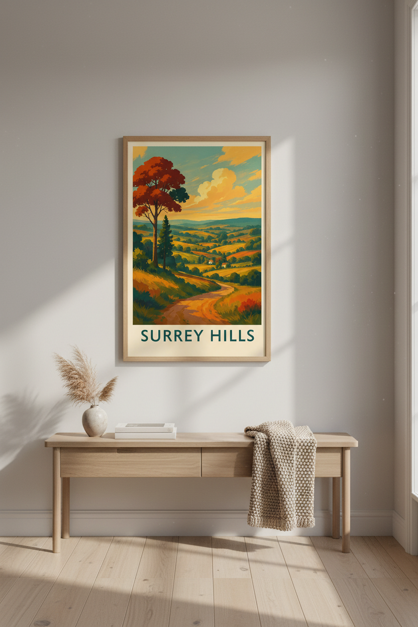 Vintage Travel Poster Surrey Hills Wall Art Print | Boho Living Room Decor | Autumn Landscape Framed Poster