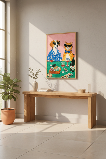 Funky Pet Friends Wall Art Print | Eclectic Bar Decor | Vibrant Aesthetic Poster | Dog Cat Sunglasses Wine | Maximalist Gift