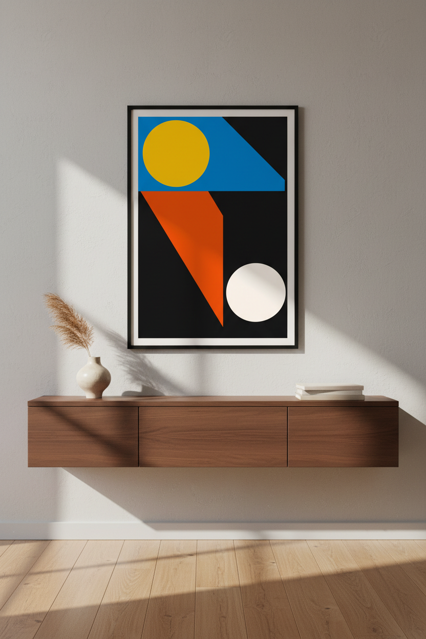 Abstract Geometric Wall Art Print | Modern Office Decor | Bauhaus Aesthetic Poster | Primary Color Art, Mid Century Print
