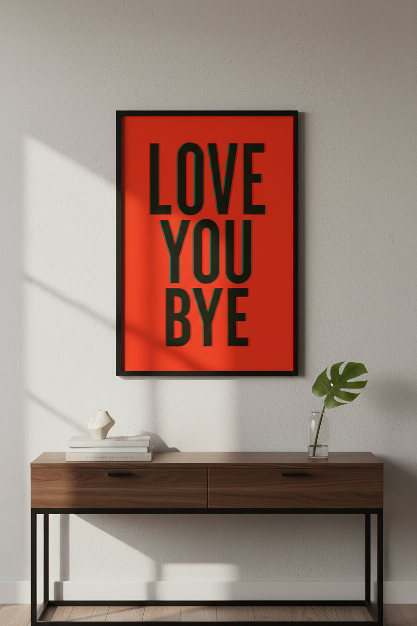 Love You Bye Wall Art Print | Bold Red &amp; Green Typographic Poster | Home Decor Statement Art | Modern Quote Wall Hanging