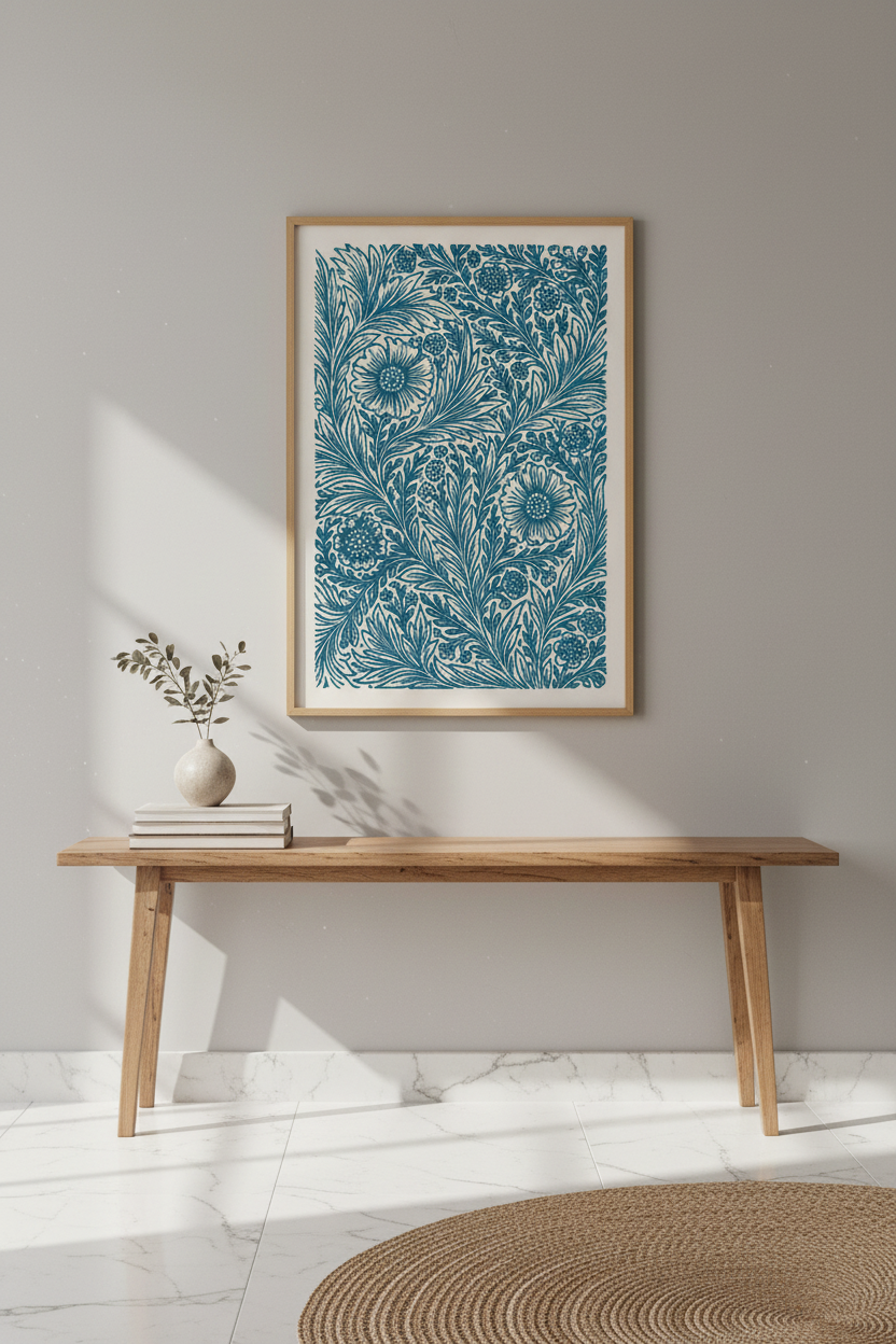 Arts &amp; Crafts Floral Pattern Wall Art Print | Bedroom Decor | William Morris Style Framed Poster | Botanical Blue Flower