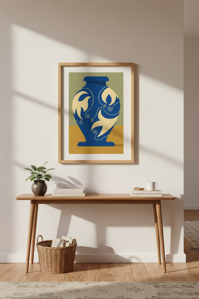 Abstract Mid Century Vase Framed Wall Art | Living Room Decor | Bohemian Aesthetic Poster | Modern Blue Home Decor