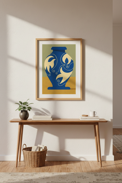 Abstract Mid Century Vase Framed Wall Art | Living Room Decor | Bohemian Aesthetic Poster | Modern Blue Home Decor