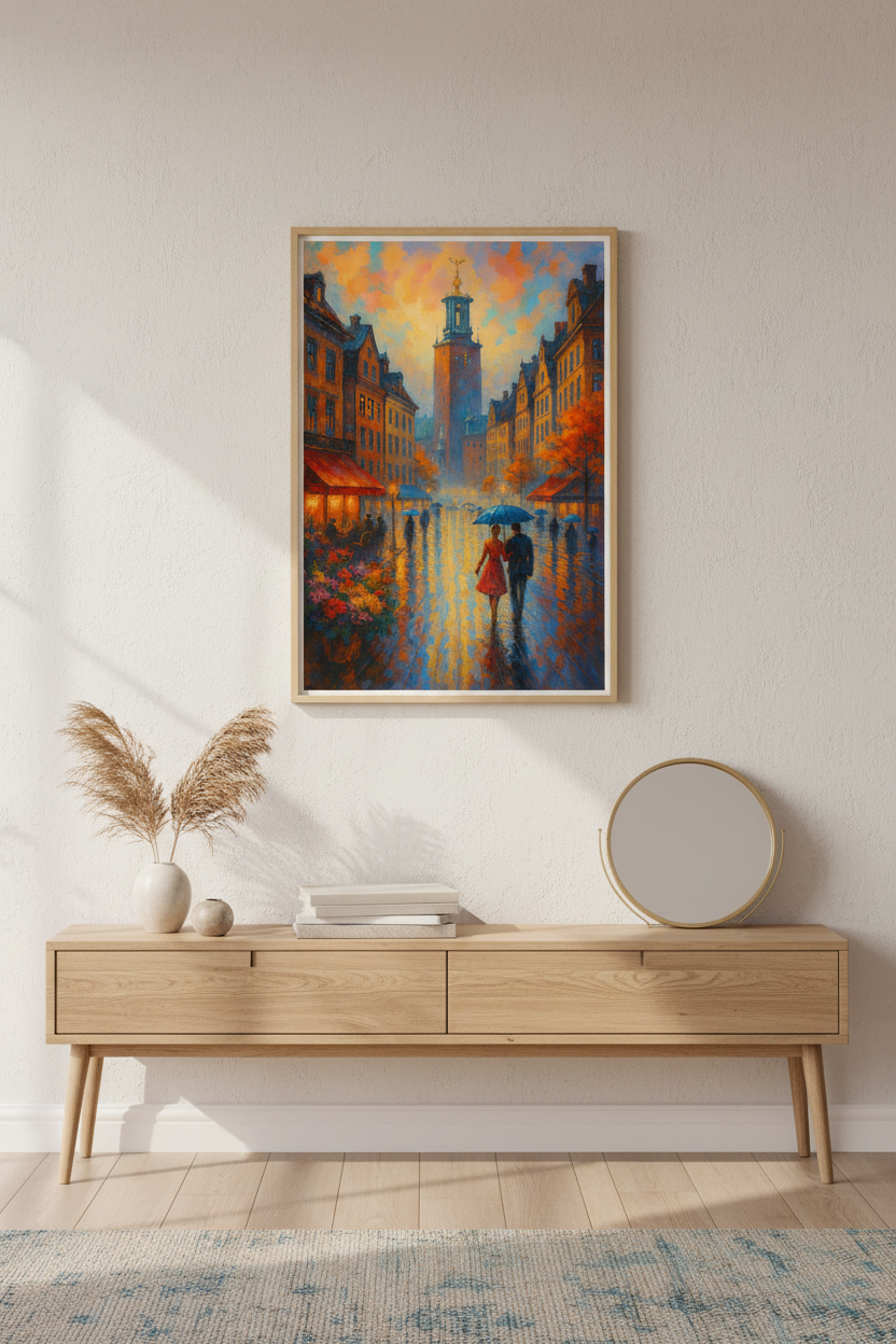 Impressionist Rainy City Wall Art Print | Romantic Street Decor | Moody Aesthetic Poster | Stockholm Cityscape Art