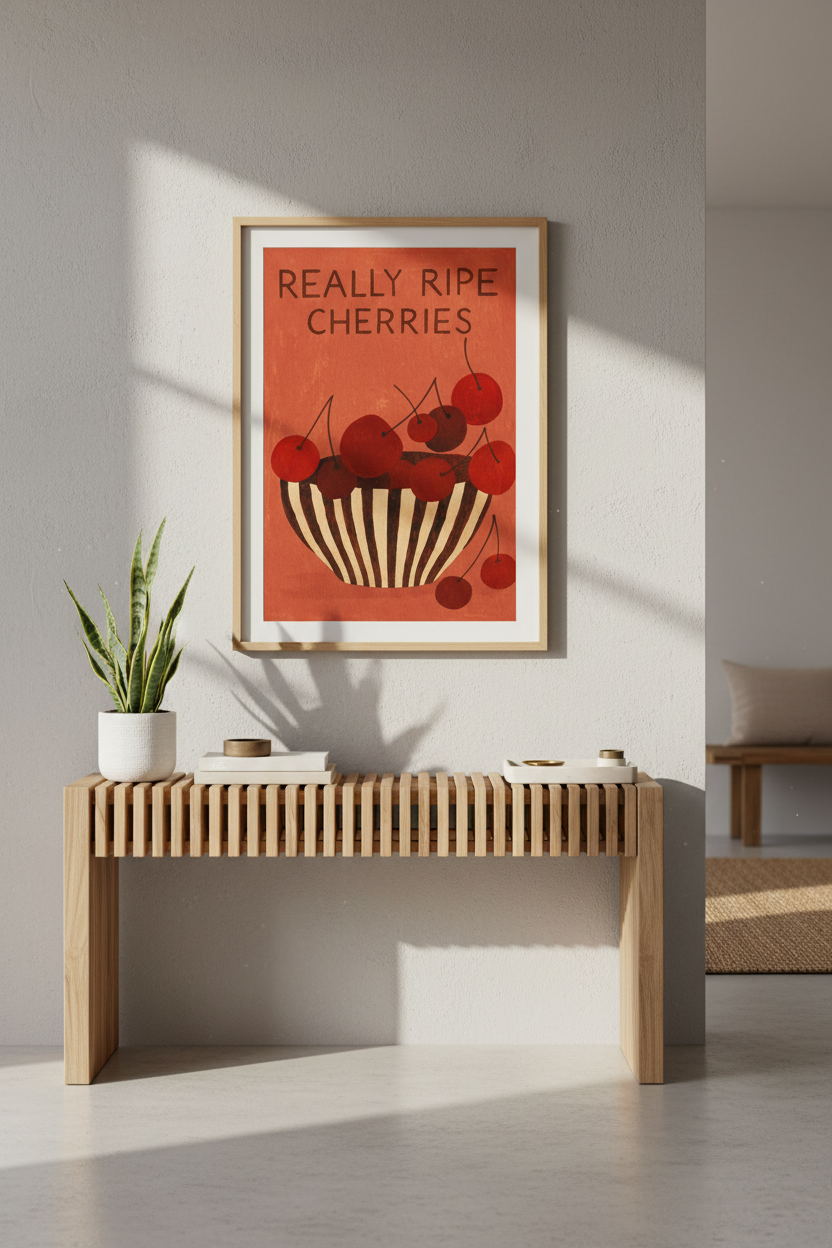 Minimalist Cherry Kitchen Wall Art Print | Retro Dining Room Decor | Aesthetic Framed Fruit Poster | Ready to Hang