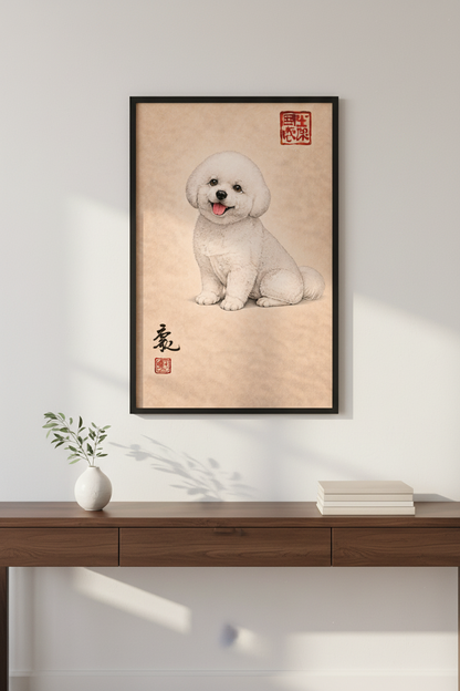 Bichon Frise Art Print | Japanese Style Dog Poster | Cute Puppy Wall Art | Pet Lover Home Decor | Eastern Ink Painting Print