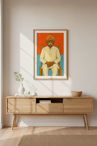 Folk Art Indian Man Wall Art Print | Boho Living Room Decor | Cultural Portrait Poster | Grandfather Gift Idea