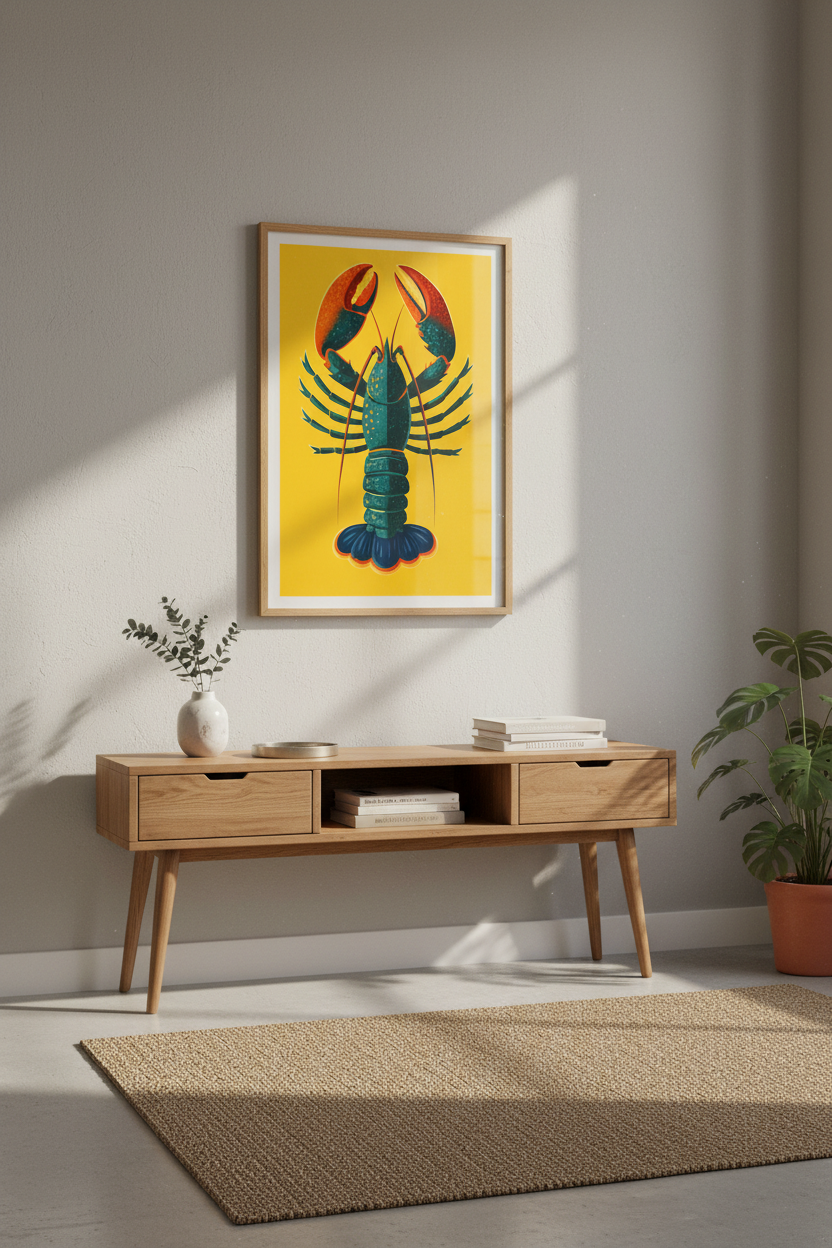 Minimalist Lobster Wall Art Print | Ocean Themed Kitchen Decor | Mid-Century Modern Seafood Framed Poster