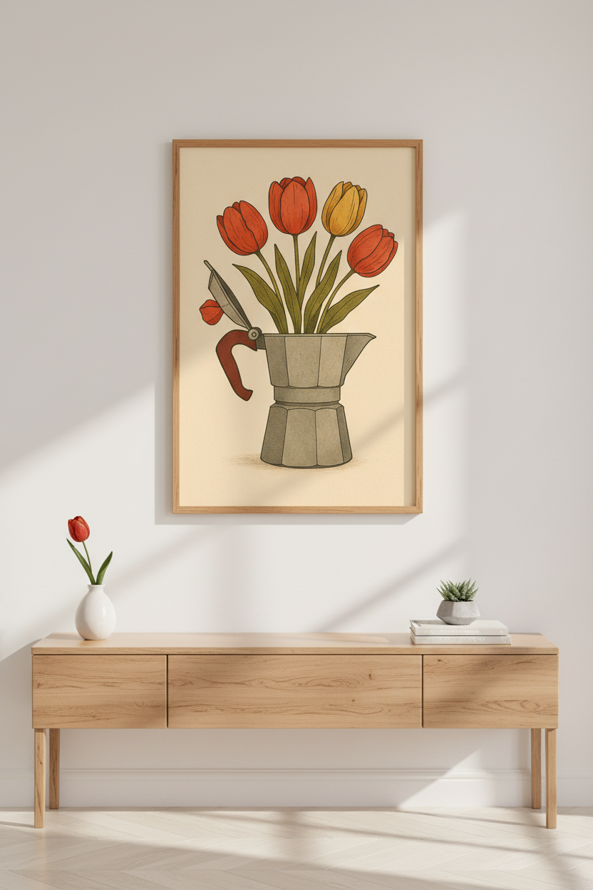 Retro Floral Moka Pot Wall Art Print | Kitchen Decor | Vintage Aesthetic Framed Poster | Coffee Lover Gift Ready to Hang